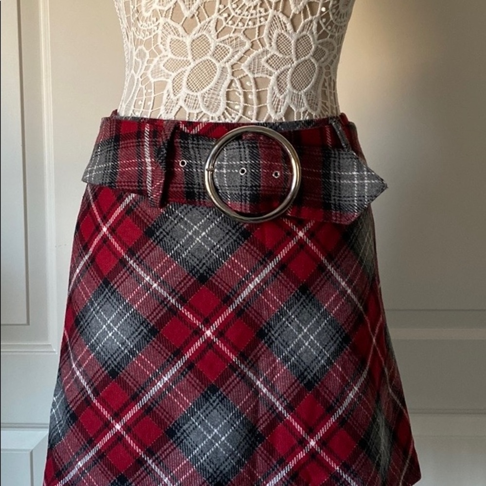 Skirt Exact Change Dark Red Grey Wool 35% Size 7 checkered pattern
